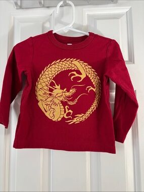 Tea Collection Red Long-Sleeve Tee with Gold Dragon Circle